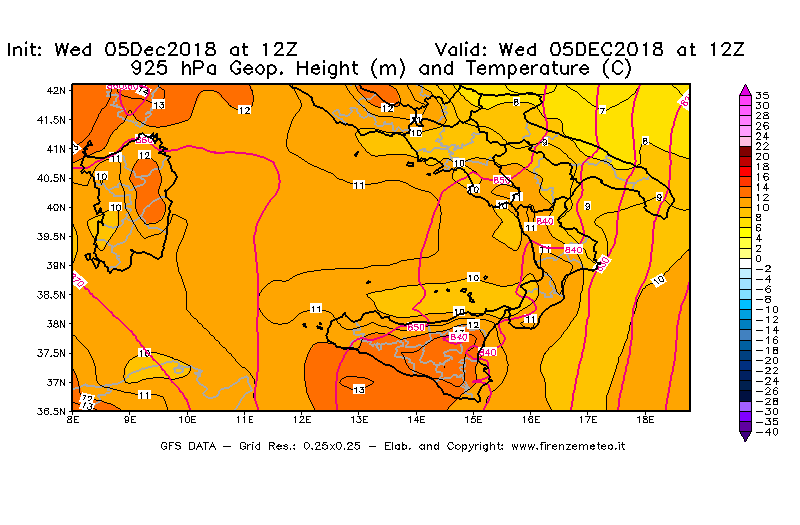 Mappa di analisi GFS - Geopotenziale [m] e Temperatura [°C] a 925 hPa in Sud-Italia
									del 05/12/2018 12 <!--googleoff: index-->UTC<!--googleon: index-->