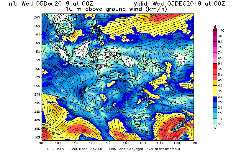 Mappa di analisi GFS - Velocità del vento a 10 metri dal suolo [km/h] in Oceania
							del 05/12/2018 00 <!--googleoff: index-->UTC<!--googleon: index-->