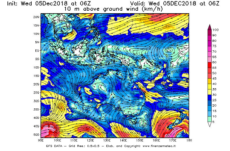 Mappa di analisi GFS - Velocità del vento a 10 metri dal suolo [km/h] in Oceania
							del 05/12/2018 06 <!--googleoff: index-->UTC<!--googleon: index-->