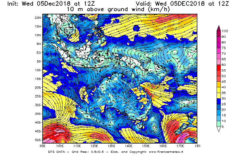Mappa di analisi GFS - Velocità del vento a 10 metri dal suolo [km/h] in Oceania
							del 05/12/2018 12 <!--googleoff: index-->UTC<!--googleon: index-->