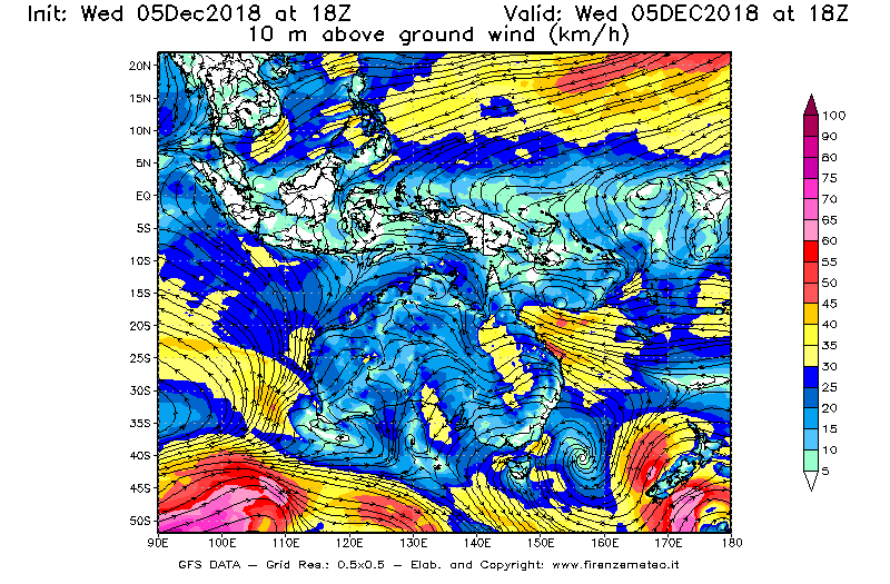 Mappa di analisi GFS - Velocità del vento a 10 metri dal suolo [km/h] in Oceania
							del 05/12/2018 18 <!--googleoff: index-->UTC<!--googleon: index-->