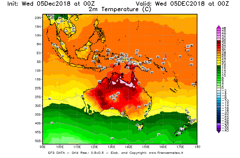 Mappa di analisi GFS - Temperatura a 2 metri dal suolo [°C] in Oceania
									del 05/12/2018 00 <!--googleoff: index-->UTC<!--googleon: index-->
