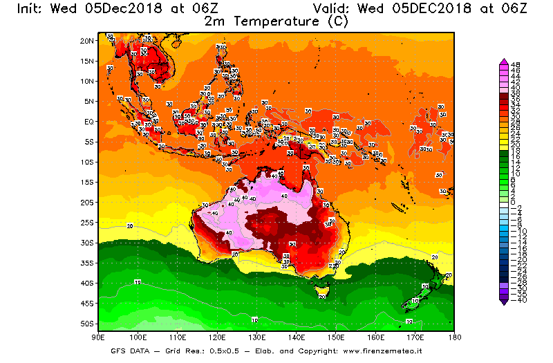 Mappa di analisi GFS - Temperatura a 2 metri dal suolo [°C] in Oceania
							del 05/12/2018 06 <!--googleoff: index-->UTC<!--googleon: index-->