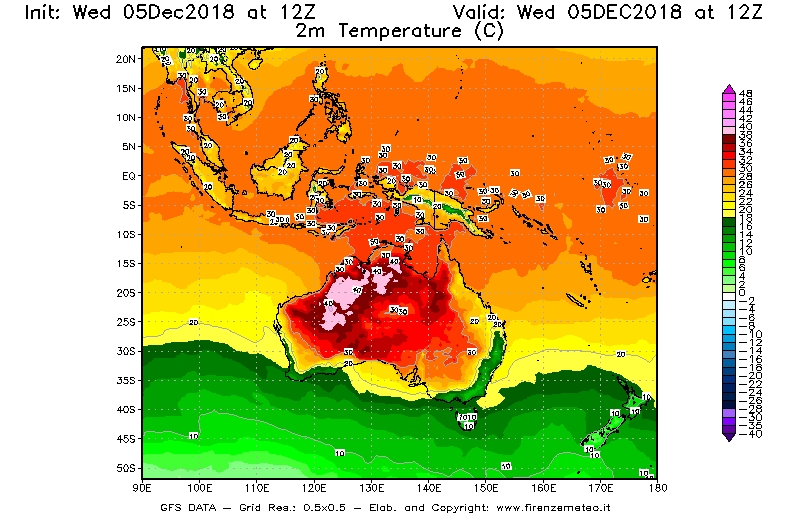Mappa di analisi GFS - Temperatura a 2 metri dal suolo [°C] in Oceania
									del 05/12/2018 12 <!--googleoff: index-->UTC<!--googleon: index-->
