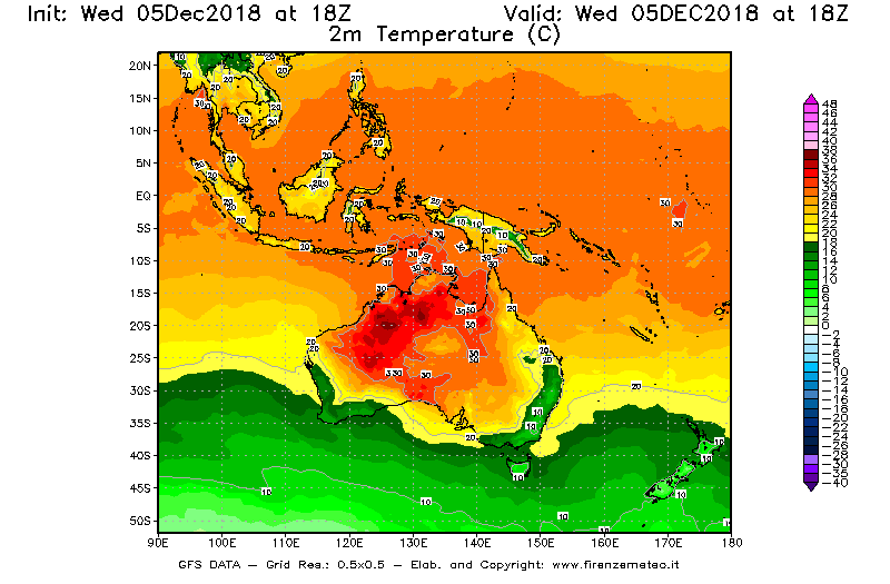 Mappa di analisi GFS - Temperatura a 2 metri dal suolo [°C] in Oceania
							del 05/12/2018 18 <!--googleoff: index-->UTC<!--googleon: index-->