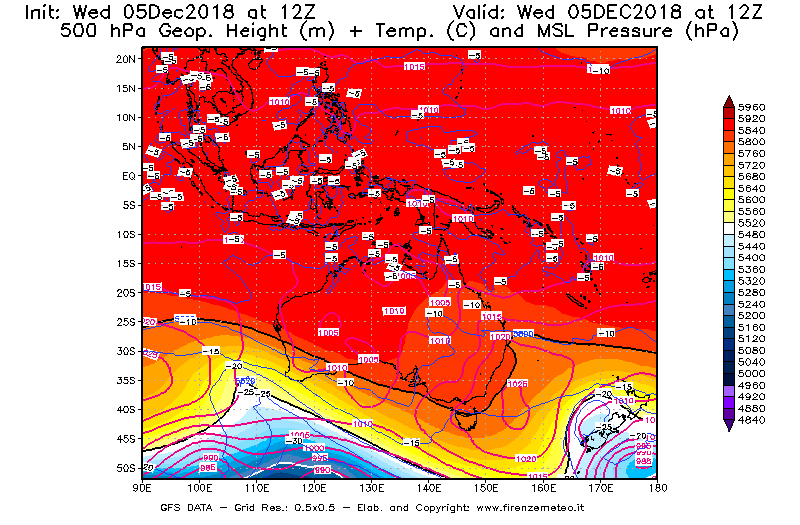 Mappa di analisi GFS - Geopotenziale [m] + Temp. [°C] a 500 hPa + Press. a livello del mare [hPa] in Oceania
									del 05/12/2018 12 <!--googleoff: index-->UTC<!--googleon: index-->