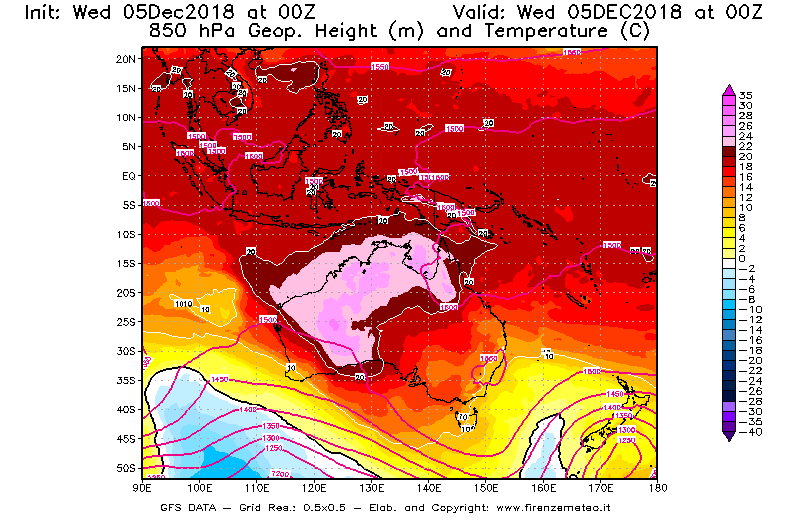 Mappa di analisi GFS - Geopotenziale [m] e Temperatura [°C] a 850 hPa in Oceania
									del 05/12/2018 00 <!--googleoff: index-->UTC<!--googleon: index-->
