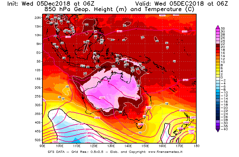 Mappa di analisi GFS - Geopotenziale [m] e Temperatura [°C] a 850 hPa in Oceania
									del 05/12/2018 06 <!--googleoff: index-->UTC<!--googleon: index-->