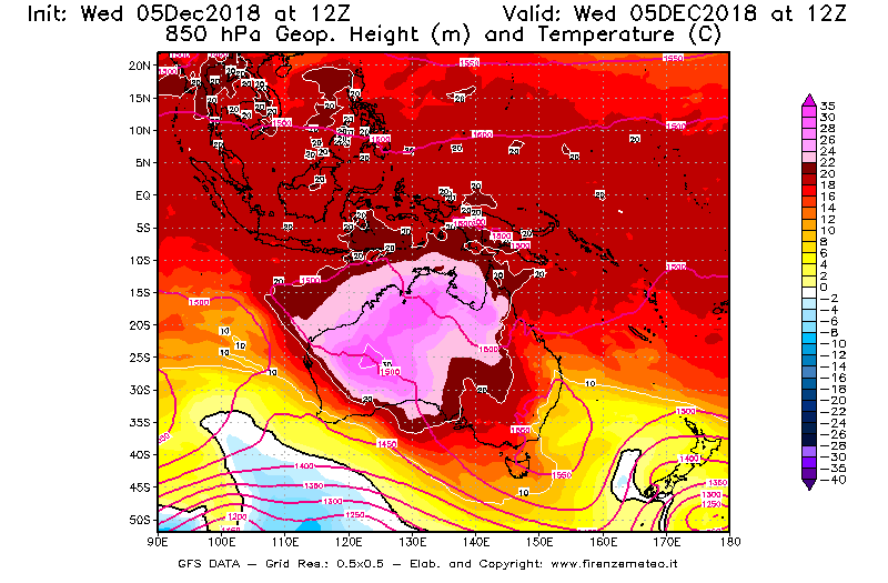 Mappa di analisi GFS - Geopotenziale [m] e Temperatura [°C] a 850 hPa in Oceania
							del 05/12/2018 12 <!--googleoff: index-->UTC<!--googleon: index-->