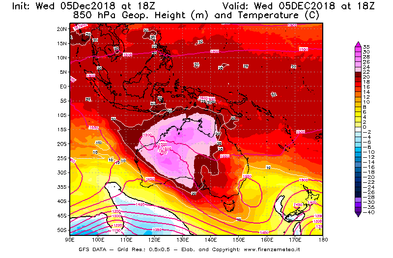 Mappa di analisi GFS - Geopotenziale [m] e Temperatura [°C] a 850 hPa in Oceania
							del 05/12/2018 18 <!--googleoff: index-->UTC<!--googleon: index-->