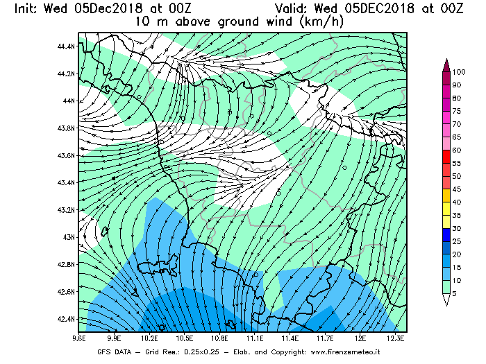 Mappa di analisi GFS - Velocità del vento a 10 metri dal suolo [km/h] in Toscana
							del 05/12/2018 00 <!--googleoff: index-->UTC<!--googleon: index-->