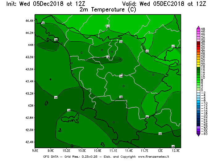 Mappa di analisi GFS - Temperatura a 2 metri dal suolo [°C] in Toscana
							del 05/12/2018 12 <!--googleoff: index-->UTC<!--googleon: index-->