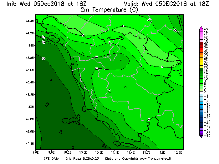 Mappa di analisi GFS - Temperatura a 2 metri dal suolo [°C] in Toscana
									del 05/12/2018 18 <!--googleoff: index-->UTC<!--googleon: index-->