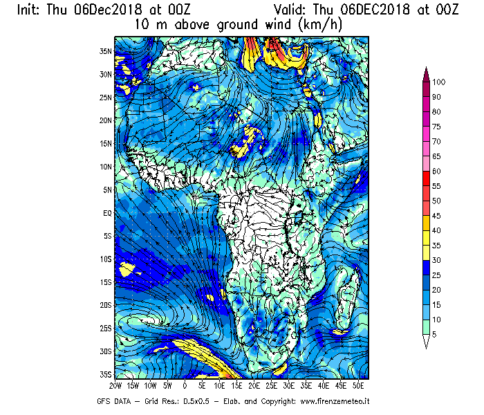 Mappa di analisi GFS - Velocità del vento a 10 metri dal suolo [km/h] in Africa
							del 06/12/2018 00 <!--googleoff: index-->UTC<!--googleon: index-->