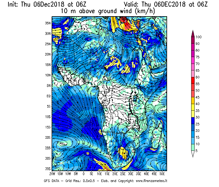 Mappa di analisi GFS - Velocità del vento a 10 metri dal suolo [km/h] in Africa
							del 06/12/2018 06 <!--googleoff: index-->UTC<!--googleon: index-->