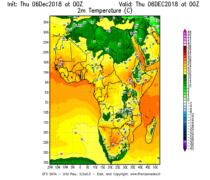 Mappa di analisi GFS - Temperatura a 2 metri dal suolo [°C] in Africa
							del 06/12/2018 00 <!--googleoff: index-->UTC<!--googleon: index-->
