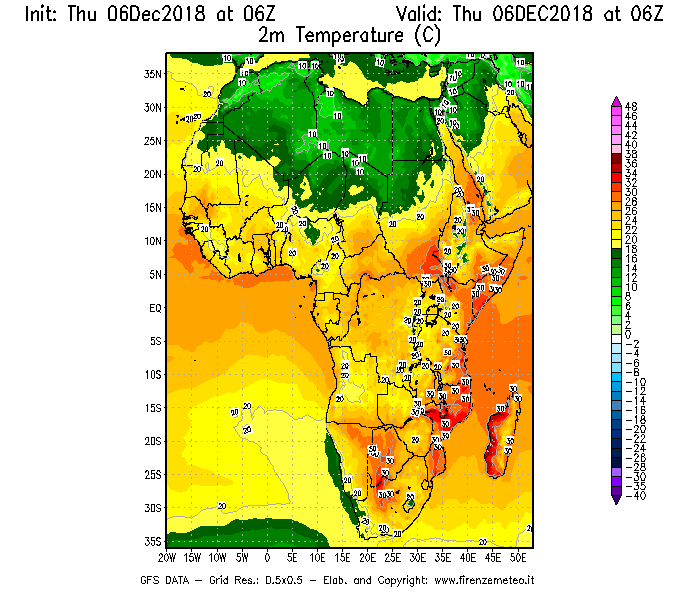 Mappa di analisi GFS - Temperatura a 2 metri dal suolo [°C] in Africa
							del 06/12/2018 06 <!--googleoff: index-->UTC<!--googleon: index-->