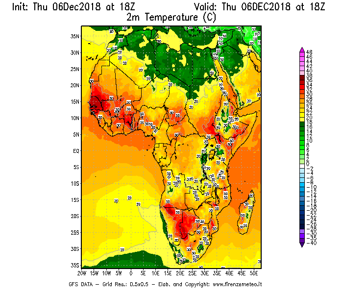 Mappa di analisi GFS - Temperatura a 2 metri dal suolo [°C] in Africa
							del 06/12/2018 18 <!--googleoff: index-->UTC<!--googleon: index-->