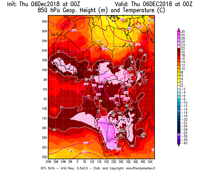 Mappa di analisi GFS - Geopotenziale [m] e Temperatura [°C] a 850 hPa in Africa
							del 06/12/2018 00 <!--googleoff: index-->UTC<!--googleon: index-->