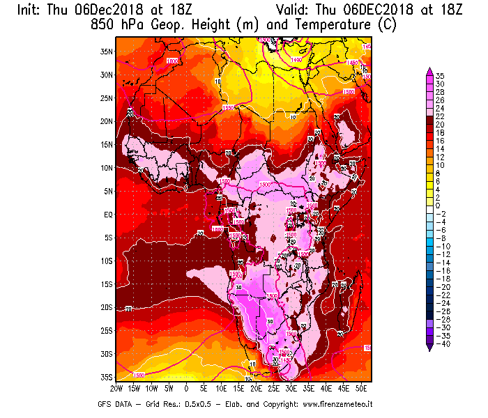 Mappa di analisi GFS - Geopotenziale [m] e Temperatura [°C] a 850 hPa in Africa
							del 06/12/2018 18 <!--googleoff: index-->UTC<!--googleon: index-->