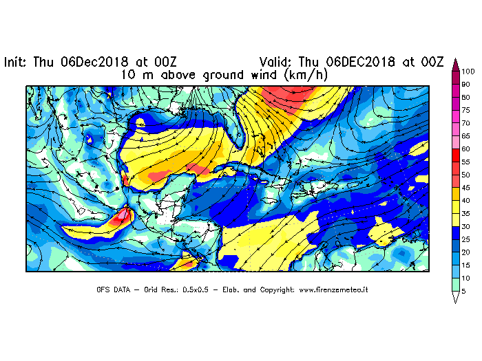Mappa di analisi GFS - Velocità del vento a 10 metri dal suolo [km/h] in Centro-America
							del 06/12/2018 00 <!--googleoff: index-->UTC<!--googleon: index-->