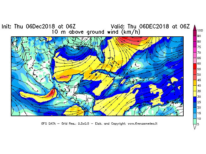 Mappa di analisi GFS - Velocità del vento a 10 metri dal suolo [km/h] in Centro-America
							del 06/12/2018 06 <!--googleoff: index-->UTC<!--googleon: index-->
