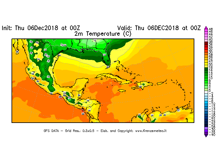Mappa di analisi GFS - Temperatura a 2 metri dal suolo [°C] in Centro-America
							del 06/12/2018 00 <!--googleoff: index-->UTC<!--googleon: index-->