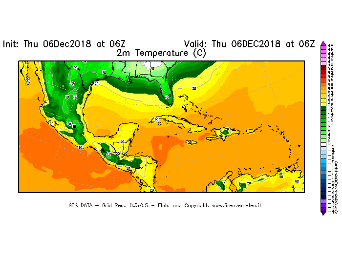 Mappa di analisi GFS - Temperatura a 2 metri dal suolo [°C] in Centro-America
							del 06/12/2018 06 <!--googleoff: index-->UTC<!--googleon: index-->