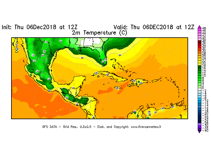 Mappa di analisi GFS - Temperatura a 2 metri dal suolo [°C] in Centro-America
							del 06/12/2018 12 <!--googleoff: index-->UTC<!--googleon: index-->