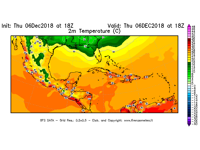 Mappa di analisi GFS - Temperatura a 2 metri dal suolo [°C] in Centro-America
							del 06/12/2018 18 <!--googleoff: index-->UTC<!--googleon: index-->