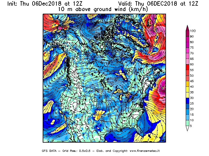 Mappa di analisi GFS - Velocità del vento a 10 metri dal suolo [km/h] in Nord-America
							del 06/12/2018 12 <!--googleoff: index-->UTC<!--googleon: index-->