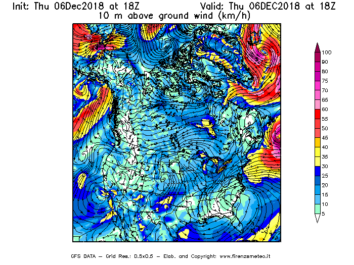 Mappa di analisi GFS - Velocità del vento a 10 metri dal suolo [km/h] in Nord-America
							del 06/12/2018 18 <!--googleoff: index-->UTC<!--googleon: index-->