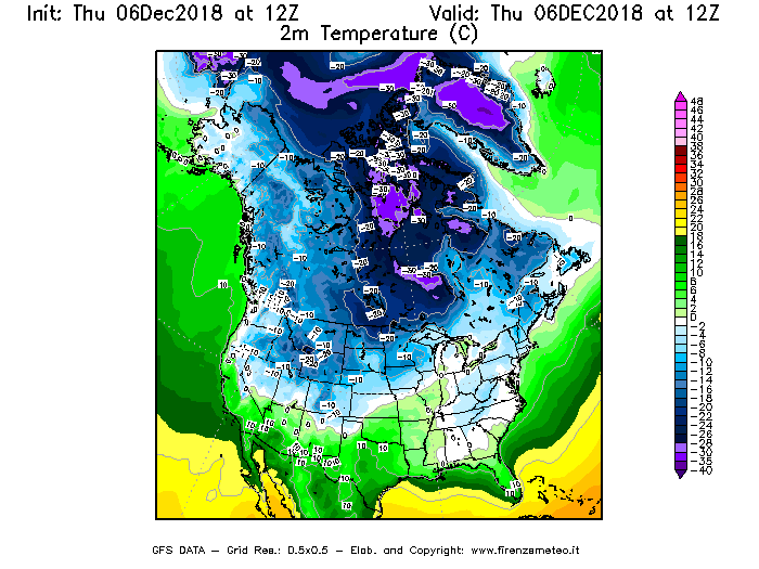 Mappa di analisi GFS - Temperatura a 2 metri dal suolo [°C] in Nord-America
							del 06/12/2018 12 <!--googleoff: index-->UTC<!--googleon: index-->