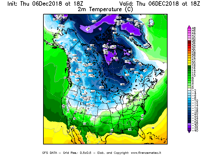 Mappa di analisi GFS - Temperatura a 2 metri dal suolo [°C] in Nord-America
							del 06/12/2018 18 <!--googleoff: index-->UTC<!--googleon: index-->