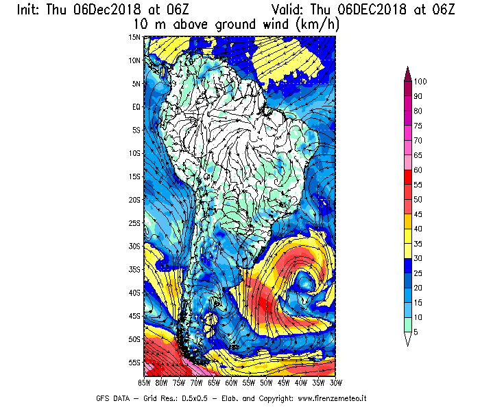 Mappa di analisi GFS - Velocità del vento a 10 metri dal suolo [km/h] in Sud-America
							del 06/12/2018 06 <!--googleoff: index-->UTC<!--googleon: index-->