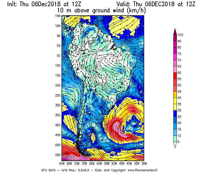 Mappa di analisi GFS - Velocità del vento a 10 metri dal suolo [km/h] in Sud-America
							del 06/12/2018 12 <!--googleoff: index-->UTC<!--googleon: index-->