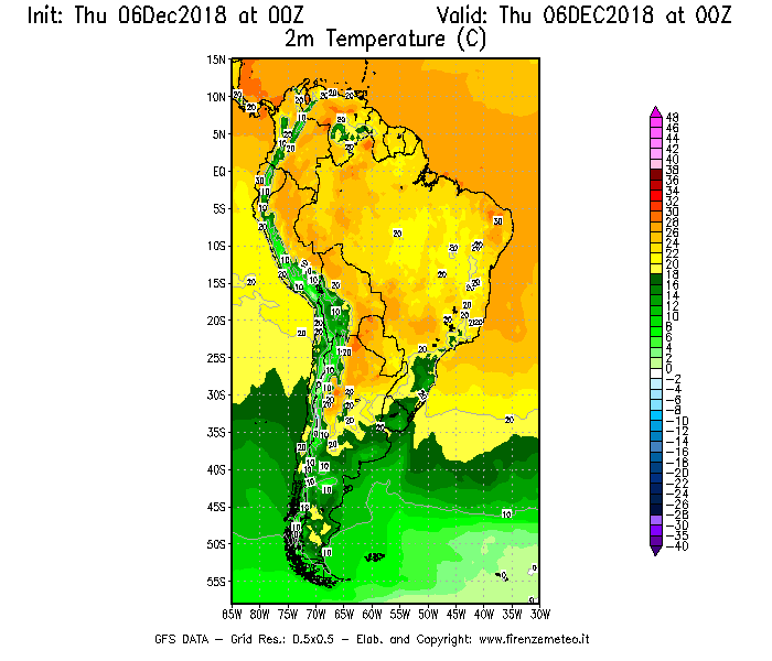 Mappa di analisi GFS - Temperatura a 2 metri dal suolo [°C] in Sud-America
							del 06/12/2018 00 <!--googleoff: index-->UTC<!--googleon: index-->