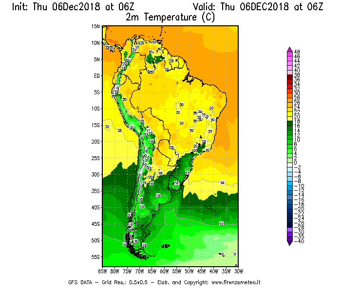 Mappa di analisi GFS - Temperatura a 2 metri dal suolo [°C] in Sud-America
							del 06/12/2018 06 <!--googleoff: index-->UTC<!--googleon: index-->