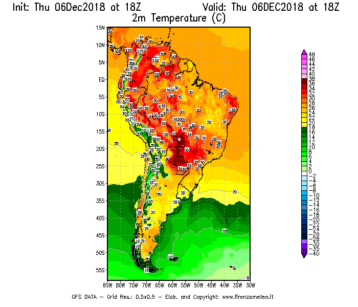 Mappa di analisi GFS - Temperatura a 2 metri dal suolo [°C] in Sud-America
							del 06/12/2018 18 <!--googleoff: index-->UTC<!--googleon: index-->