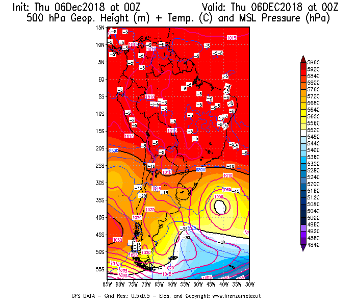 Mappa di analisi GFS - Geopotenziale [m] + Temp. [°C] a 500 hPa + Press. a livello del mare [hPa] in Sud-America
							del 06/12/2018 00 <!--googleoff: index-->UTC<!--googleon: index-->