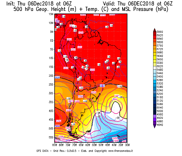 Mappa di analisi GFS - Geopotenziale [m] + Temp. [°C] a 500 hPa + Press. a livello del mare [hPa] in Sud-America
							del 06/12/2018 06 <!--googleoff: index-->UTC<!--googleon: index-->