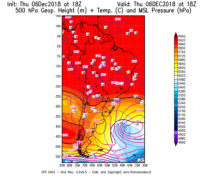 Mappa di analisi GFS - Geopotenziale [m] + Temp. [°C] a 500 hPa + Press. a livello del mare [hPa] in Sud-America
							del 06/12/2018 18 <!--googleoff: index-->UTC<!--googleon: index-->