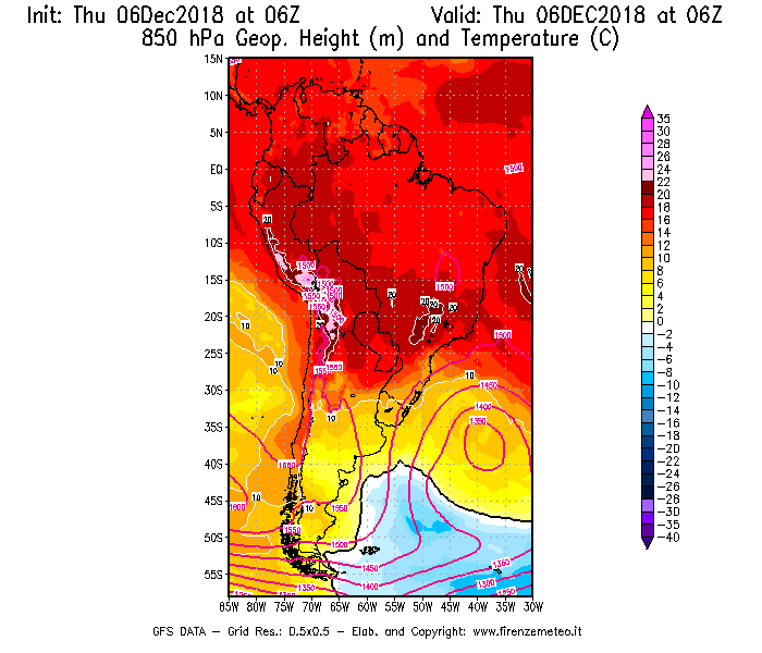 Mappa di analisi GFS - Geopotenziale [m] e Temperatura [°C] a 850 hPa in Sud-America
							del 06/12/2018 06 <!--googleoff: index-->UTC<!--googleon: index-->