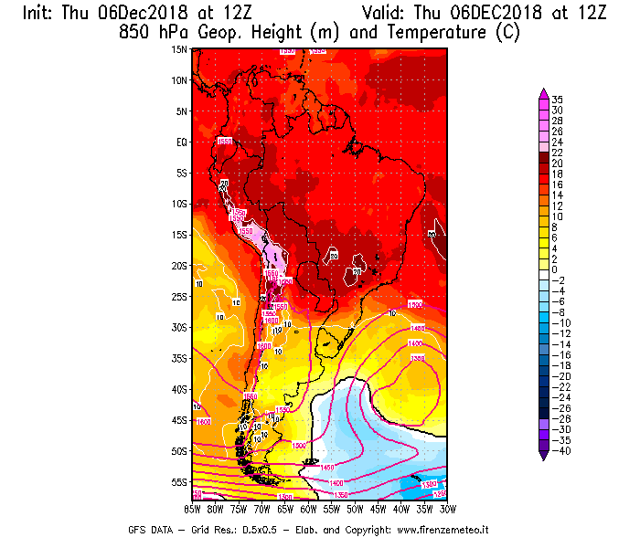 Mappa di analisi GFS - Geopotenziale [m] e Temperatura [°C] a 850 hPa in Sud-America
							del 06/12/2018 12 <!--googleoff: index-->UTC<!--googleon: index-->