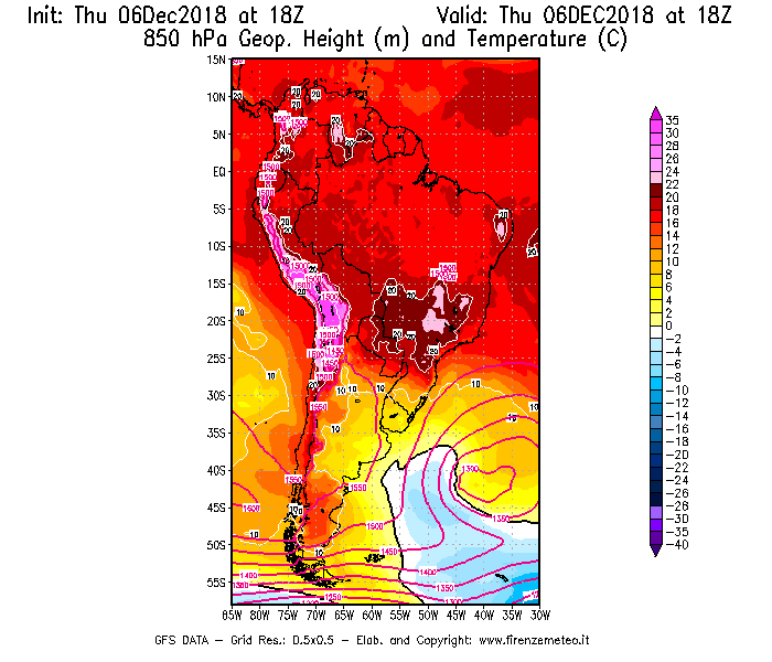 Mappa di analisi GFS - Geopotenziale [m] e Temperatura [°C] a 850 hPa in Sud-America
							del 06/12/2018 18 <!--googleoff: index-->UTC<!--googleon: index-->