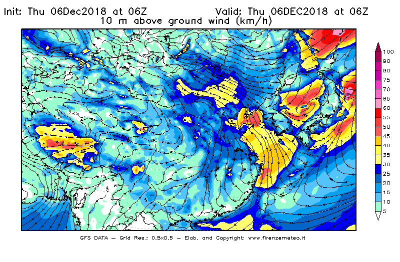 Mappa di analisi GFS - Velocità del vento a 10 metri dal suolo [km/h] in Asia Orientale
							del 06/12/2018 06 <!--googleoff: index-->UTC<!--googleon: index-->