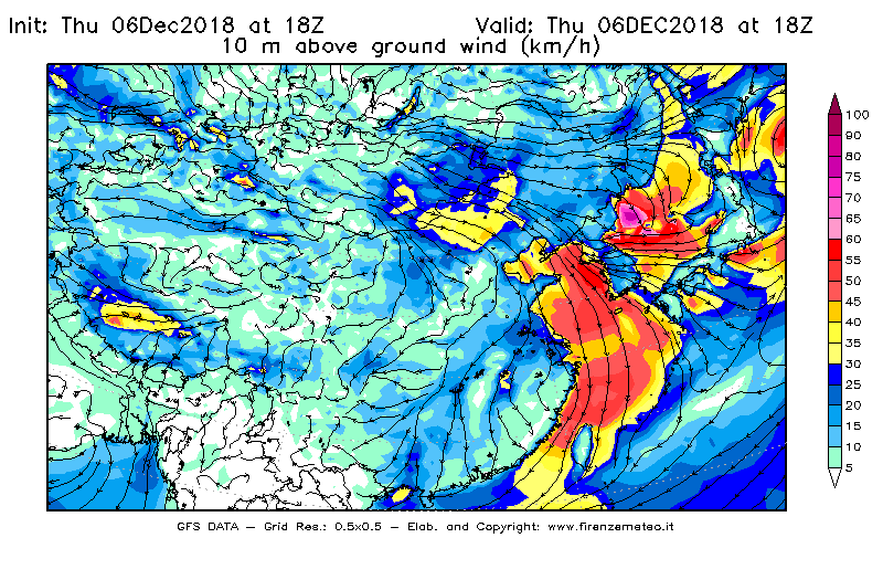 Mappa di analisi GFS - Velocità del vento a 10 metri dal suolo [km/h] in Asia Orientale
							del 06/12/2018 18 <!--googleoff: index-->UTC<!--googleon: index-->
