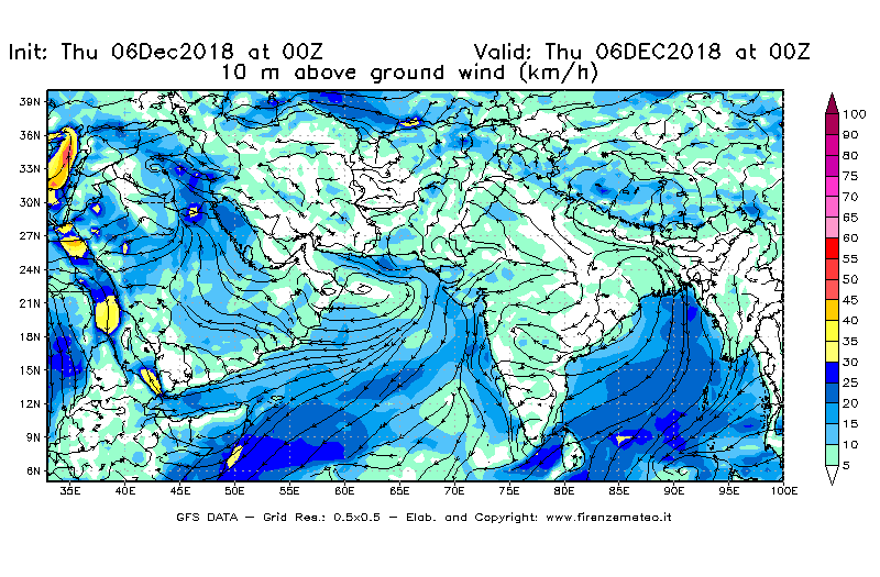 Mappa di analisi GFS - Velocità del vento a 10 metri dal suolo [km/h] in Asia Sud-Occidentale
							del 06/12/2018 00 <!--googleoff: index-->UTC<!--googleon: index-->