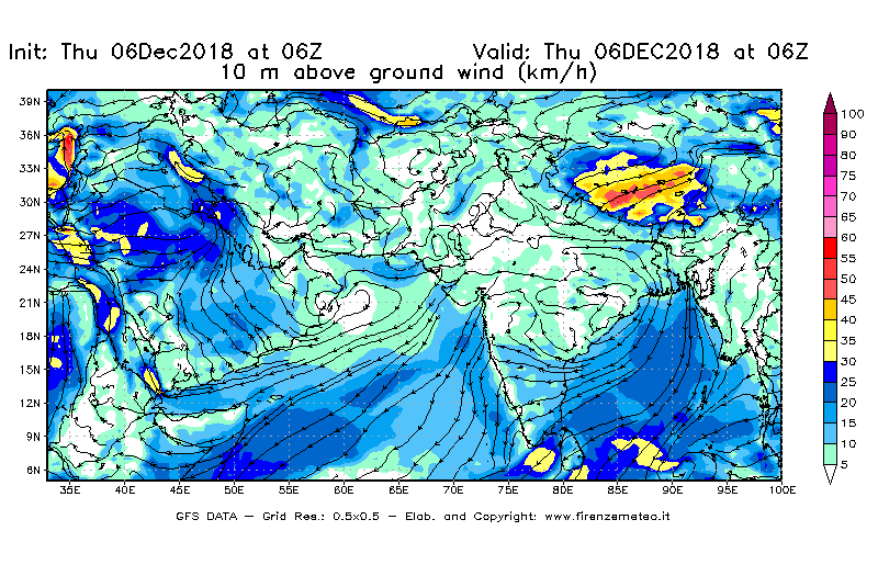 Mappa di analisi GFS - Velocità del vento a 10 metri dal suolo [km/h] in Asia Sud-Occidentale
							del 06/12/2018 06 <!--googleoff: index-->UTC<!--googleon: index-->