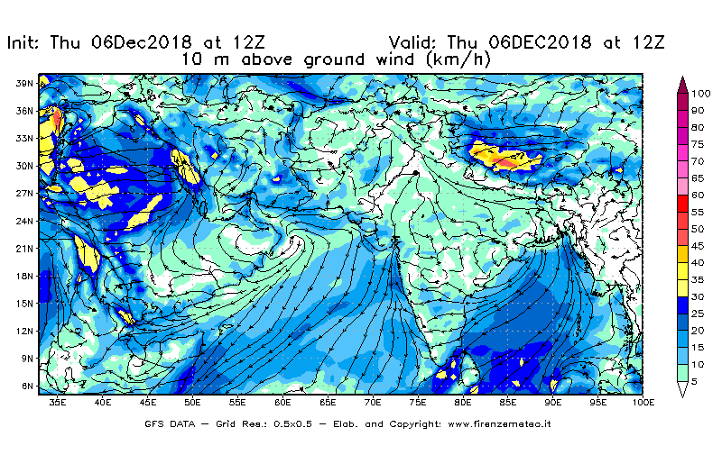 Mappa di analisi GFS - Velocità del vento a 10 metri dal suolo [km/h] in Asia Sud-Occidentale
							del 06/12/2018 12 <!--googleoff: index-->UTC<!--googleon: index-->